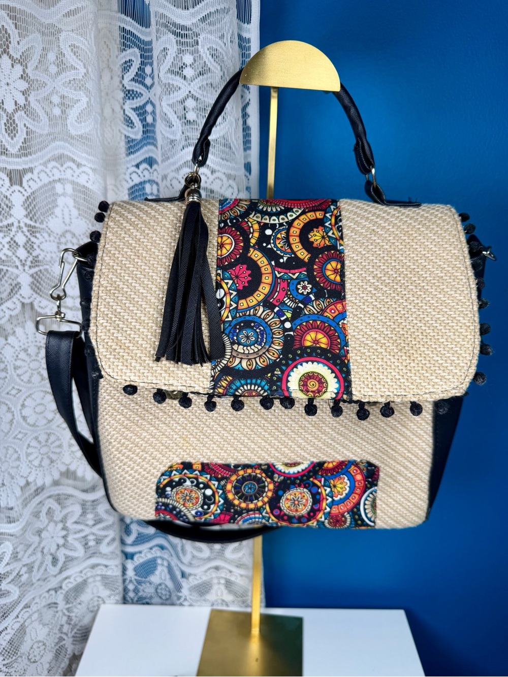 Made in Mexico Woven Straw Tote with Colorful Mandala Accent 9.5 in H x 11 in L